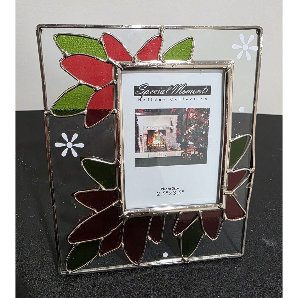 🎄Christmas POINSETTA Special Moments PHOTO FRAME Stained Glass EUC